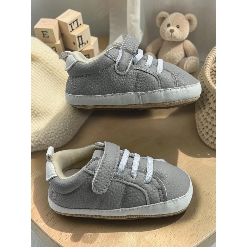 Grey Pebbled Faux Leather Baby Sneakers Hook and Loop Soft Sole Crib Shoes S4